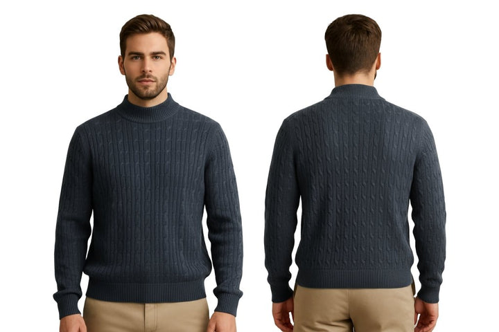 Cashmere Polo Club Beckham Men’s Mock Neck Pullover Allover Cable Knit - 100% Cashmere - Fragrance London