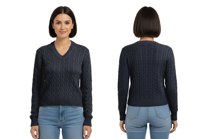 Cashmere Polo Club Larisa Ladies V - Neck Pullover Allover Cable Knit - 100% Cashmere - Fragrance London