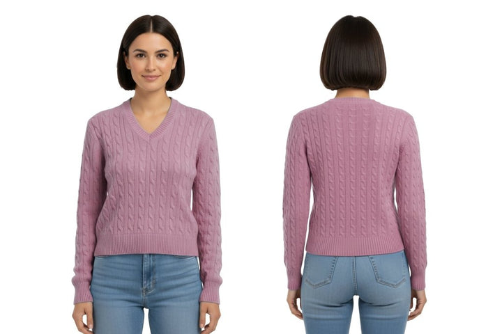 Cashmere Polo Club Larisa Ladies V - Neck Pullover Allover Cable Knit - 100% Cashmere - Fragrance London