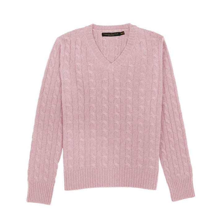 Cashmere Polo Club Larisa Ladies V - Neck Pullover Allover Cable Knit - 100% Cashmere - Fragrance London