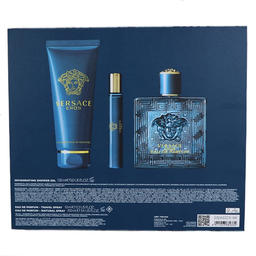 Versace Eros Gift Set (Parfum 100ml + Shower Gel 150ml + Eau De Parfum 10ml) - Fragrance London