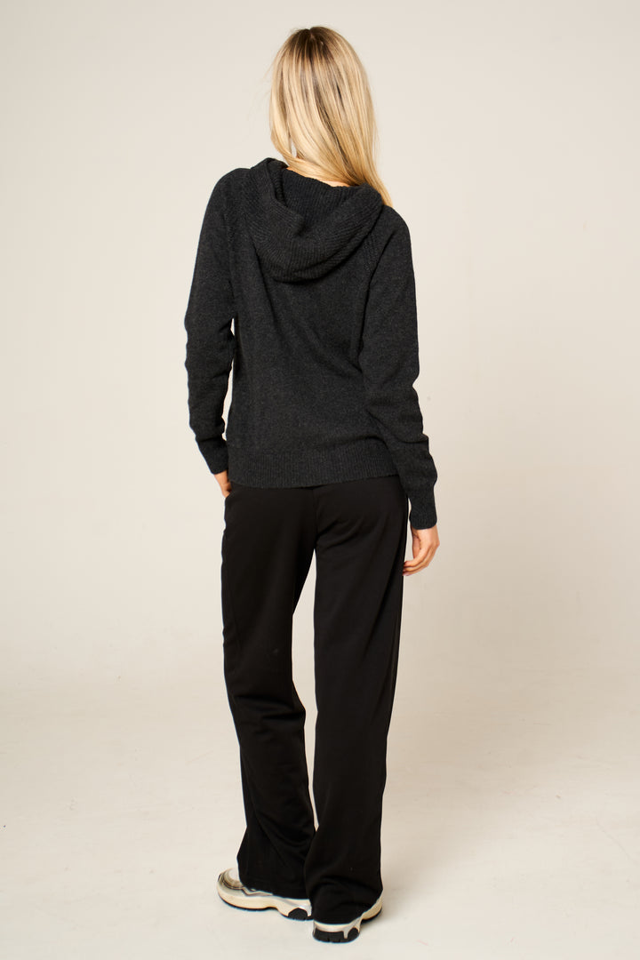 Cashmere Polo Club Claire Ladies Hooded Full Zip Cardigan with Aran Knit Front Charcoal - 100% Cashmere