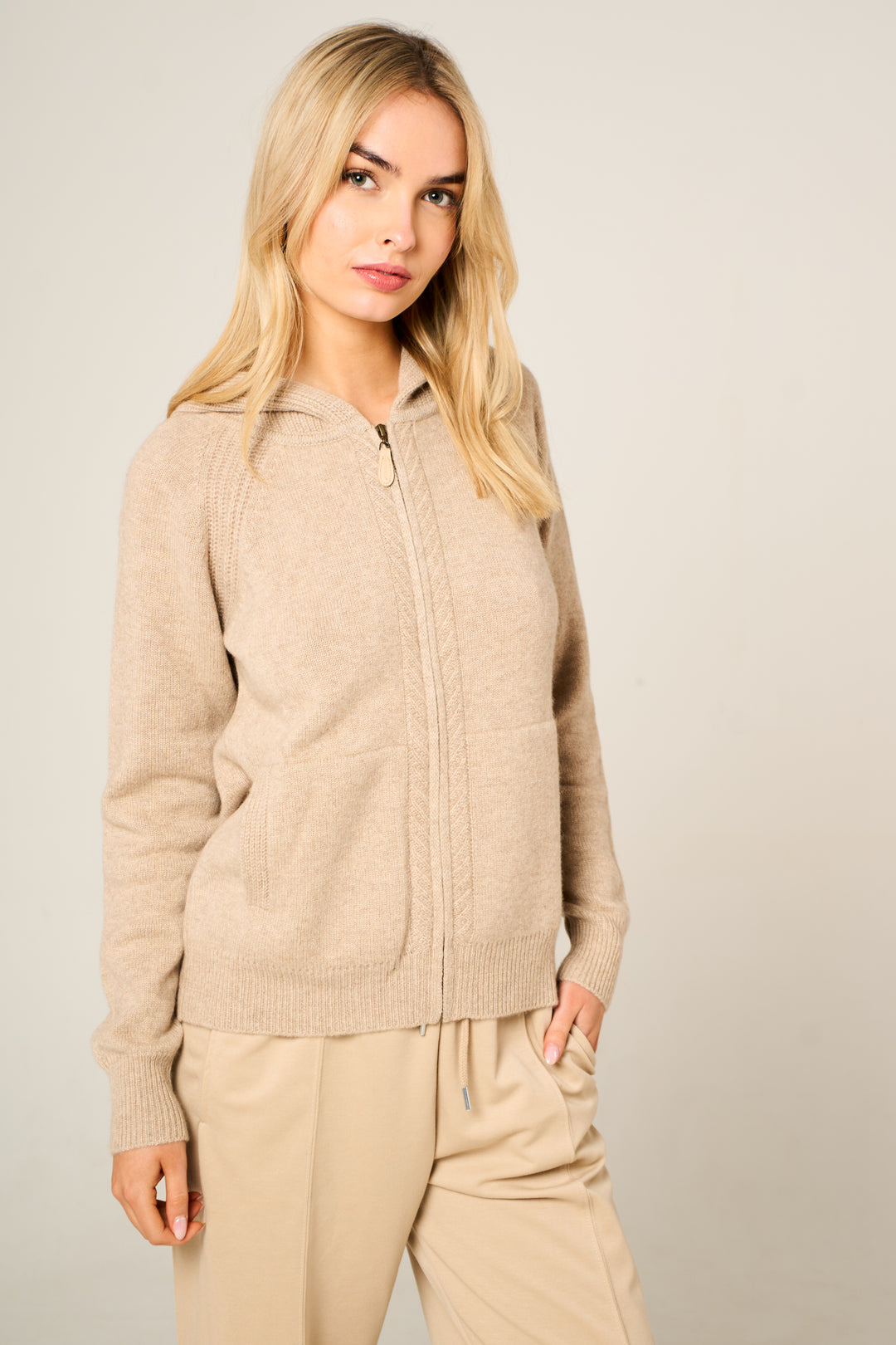 Cashmere Polo Club Claire Ladies Hooded Full Zip Cardigan with Aran Knit Front Eco Stone - 100% Cashmere