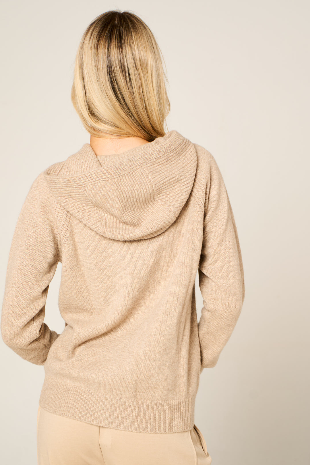 Cashmere Polo Club Claire Ladies Hooded Full Zip Cardigan with Aran Knit Front Eco Stone - 100% Cashmere