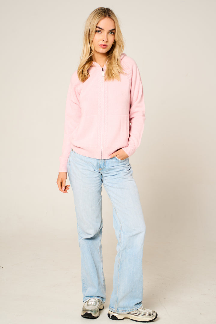 Cashmere Polo Club Claire Ladies Hooded Full Zip Cardigan with Aran Knit Front Pixie - 100% Cashmere