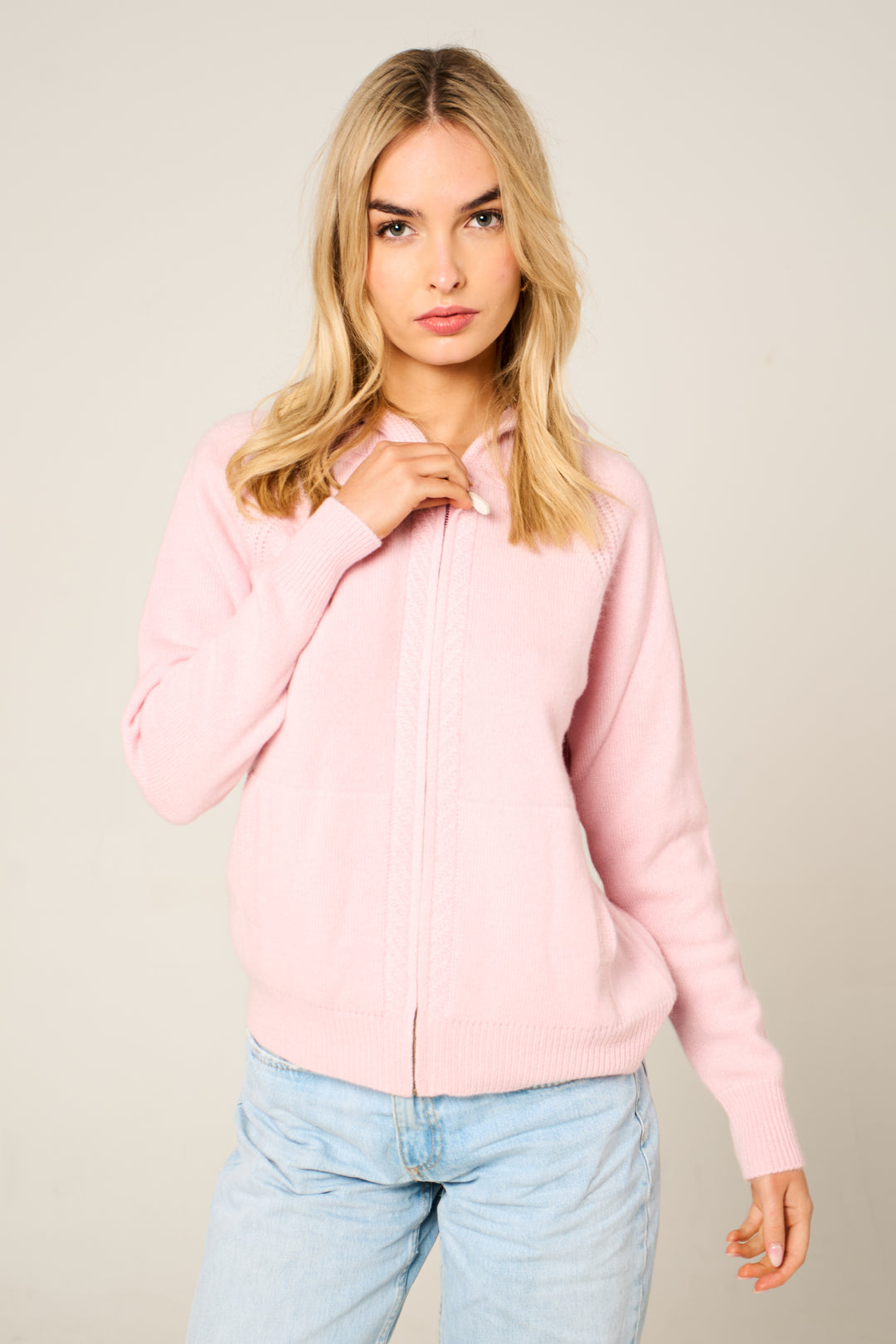 Cashmere Polo Club Claire Ladies Hooded Full Zip Cardigan with Aran Knit Front Pixie - 100% Cashmere