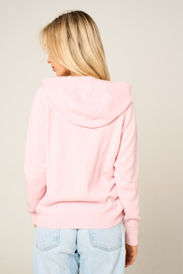 Cashmere Polo Club Claire Ladies Hooded Full Zip Cardigan with Aran Knit Front Pixie - 100% Cashmere