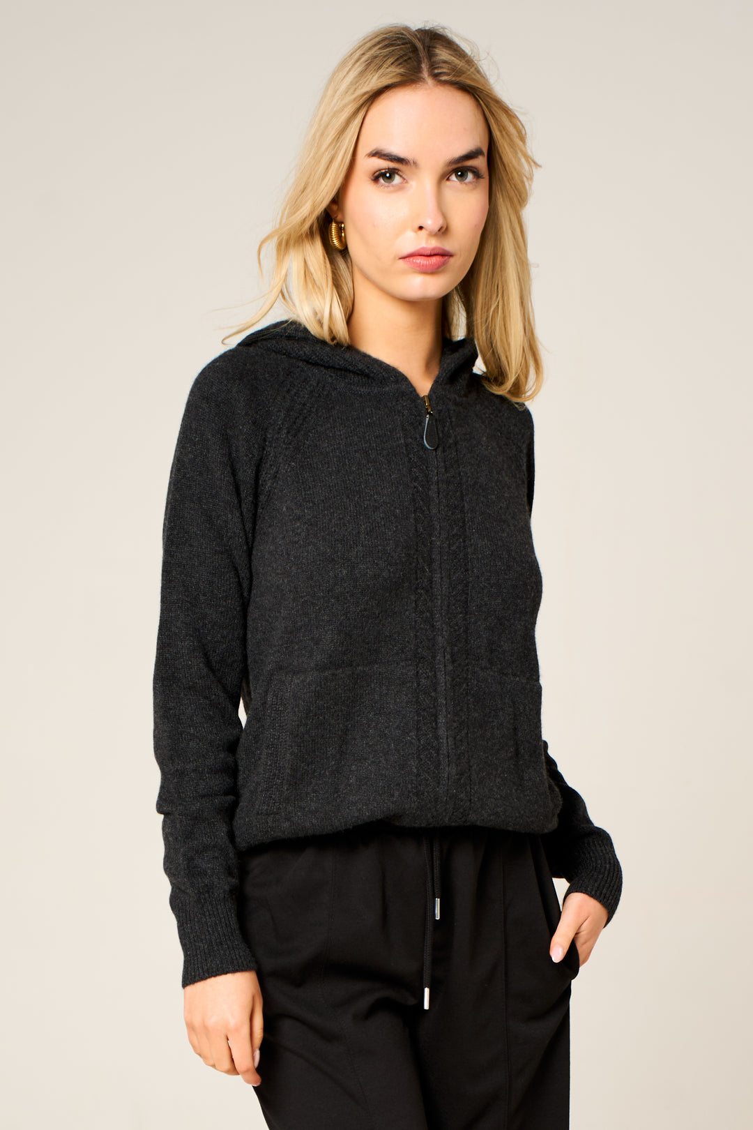 Cashmere Polo Club Claire Ladies Hooded Full Zip Cardigan with Aran Knit Front Charcoal - 100% Cashmere