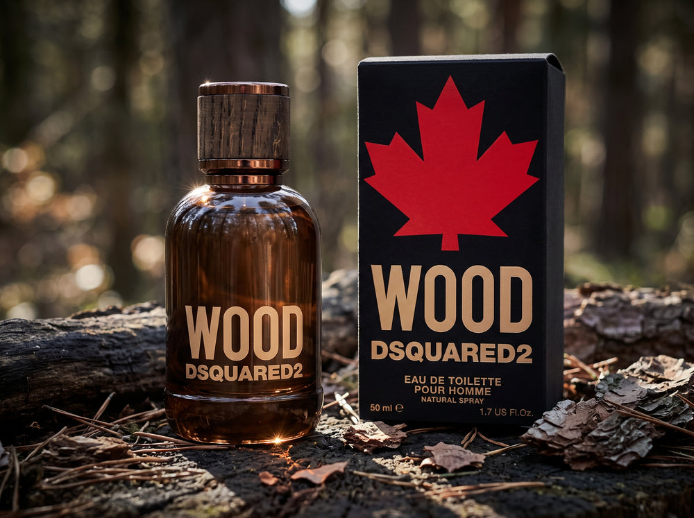 A 50ml amber glass bottle of Dsquared2 Wood Pour Homme Eau De Toilette with a dark wood-grained cap and bold white branding, displayed beside its matte black packaging decorated with a bright red maple leaf graphic. The set rests on a tree stump covered with pine needles against a soft-focus woodland background.