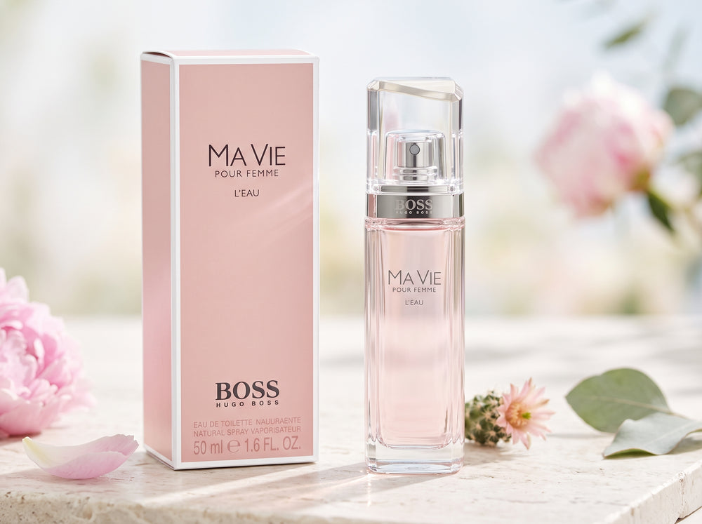 Hugo Boss Ma Vie L'Eau Eau De Toilette 50ml – bottle and box with floral background