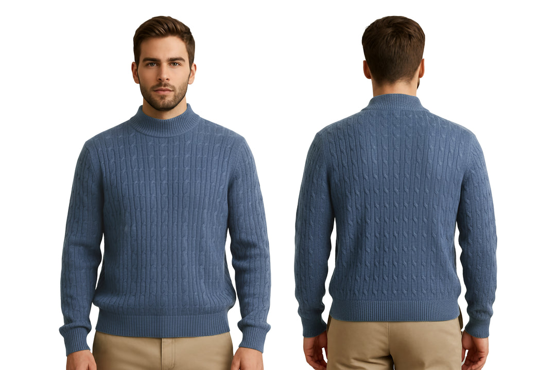 Cashmere Polo Club Beckham Men’s Mock Neck Pullover Allover Cable Knit - 100% Cashmere