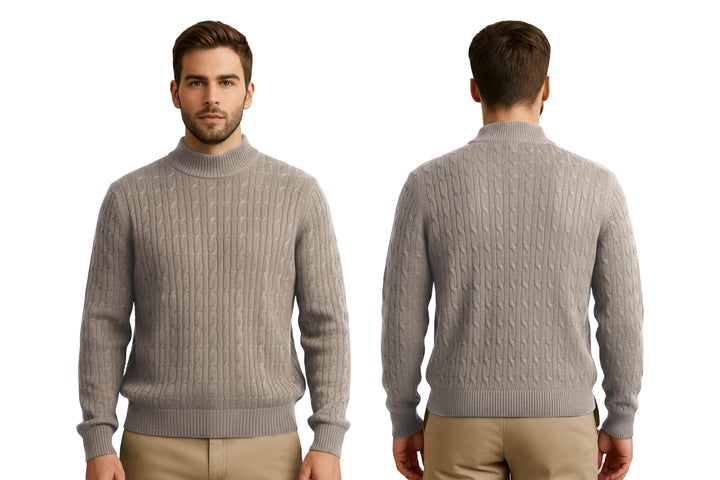 Cashmere Polo Club Beckham Men’s Mock Neck Pullover Allover Cable Knit - 100% Cashmere