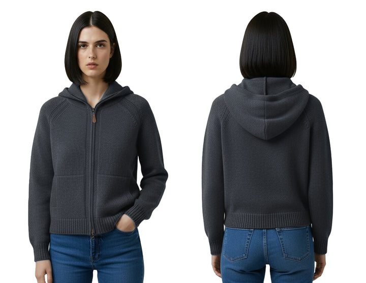 Cashmere Polo Club Claire Ladies Hooded Full Zip Cardigan with Aran Knit Front - 100% Cashmere