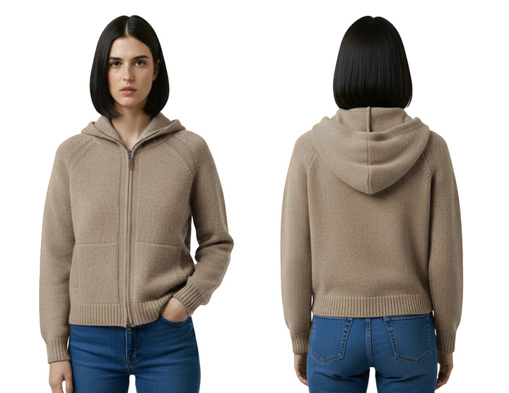 Cashmere Polo Club Claire Ladies Hooded Full Zip Cardigan with Aran Knit Front - 100% Cashmere