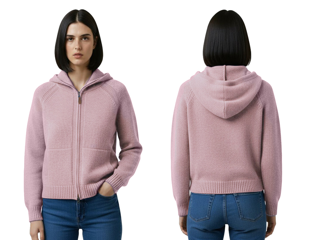 Cashmere Polo Club Claire Ladies Hooded Full Zip Cardigan with Aran Knit Front - 100% Cashmere