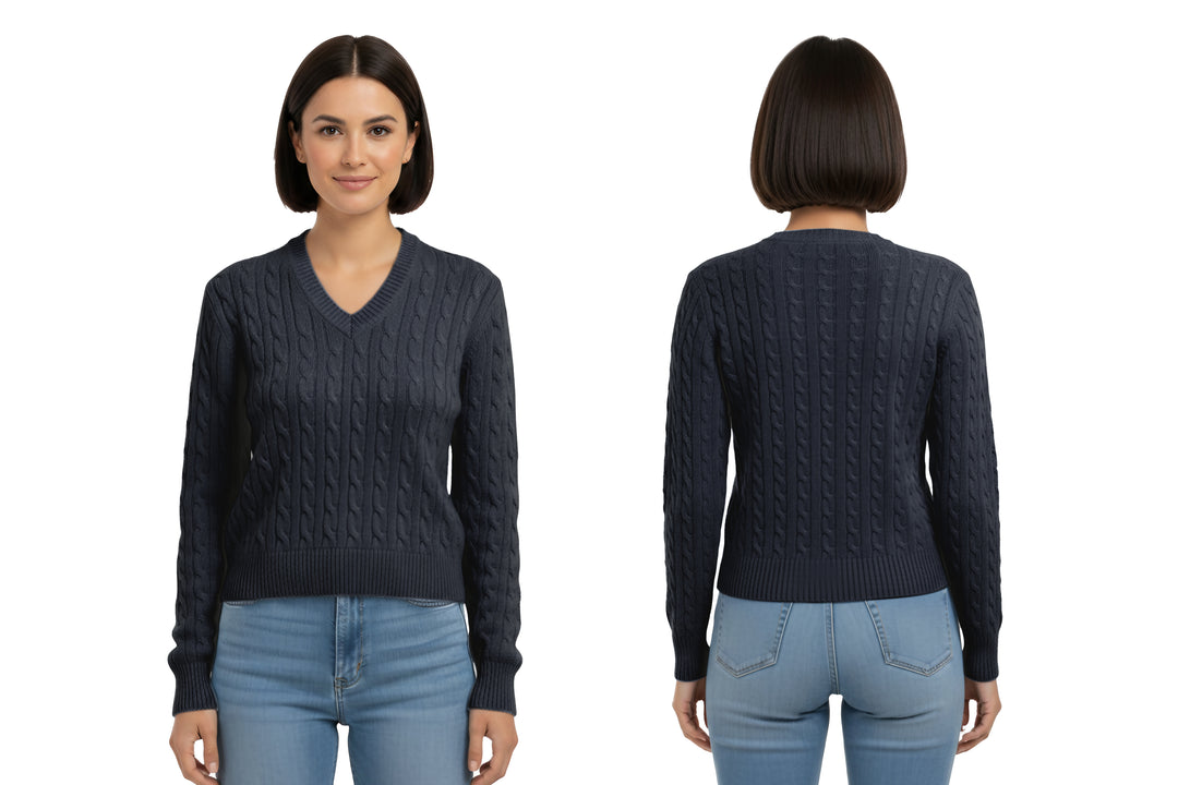 Cashmere Polo Club Larisa Ladies V-Neck Pullover Allover Cable Knit - 100% Cashmere