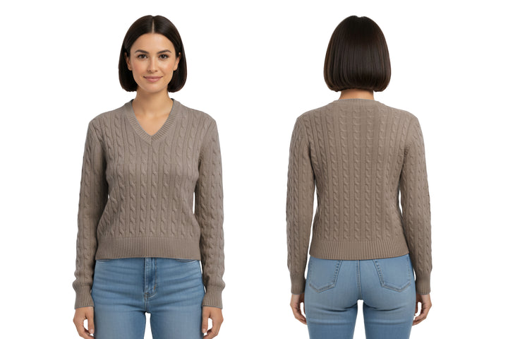 Cashmere Polo Club Larisa Ladies V-Neck Pullover Allover Cable Knit - 100% Cashmere