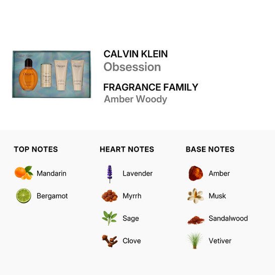 Calvin Klein Obsession Gift Set (Eau De Toilette 125ml + Deodorant Stick 75ml + Aftershave Balm 100ml + Shower Gel 100ml) - Fragrance London