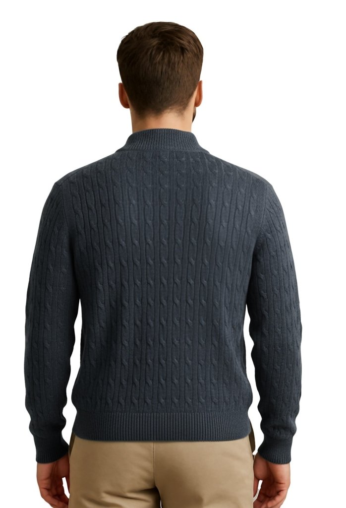 Cashmere Polo Club Beckham Men’s Mock Neck Pullover Allover Cable Knit Charcoal - 100% Cashmere - Fragrance London