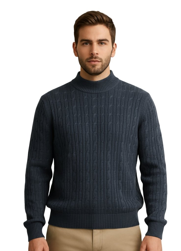 Cashmere Polo Club Beckham Men’s Mock Neck Pullover Allover Cable Knit Charcoal - 100% Cashmere - Fragrance London