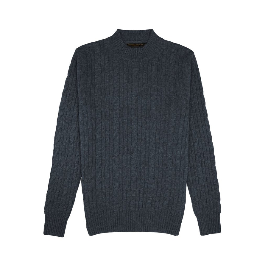 Cashmere Polo Club Beckham Men’s Mock Neck Pullover Allover Cable Knit Charcoal - 100% Cashmere - Fragrance London