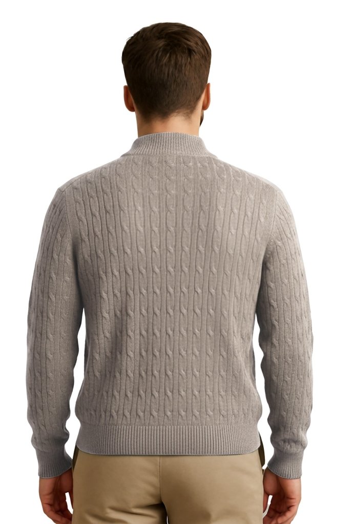Cashmere Polo Club Beckham Men’s Mock Neck Pullover Allover Cable Knit Eco Stone - 100% Cashmere - Fragrance London