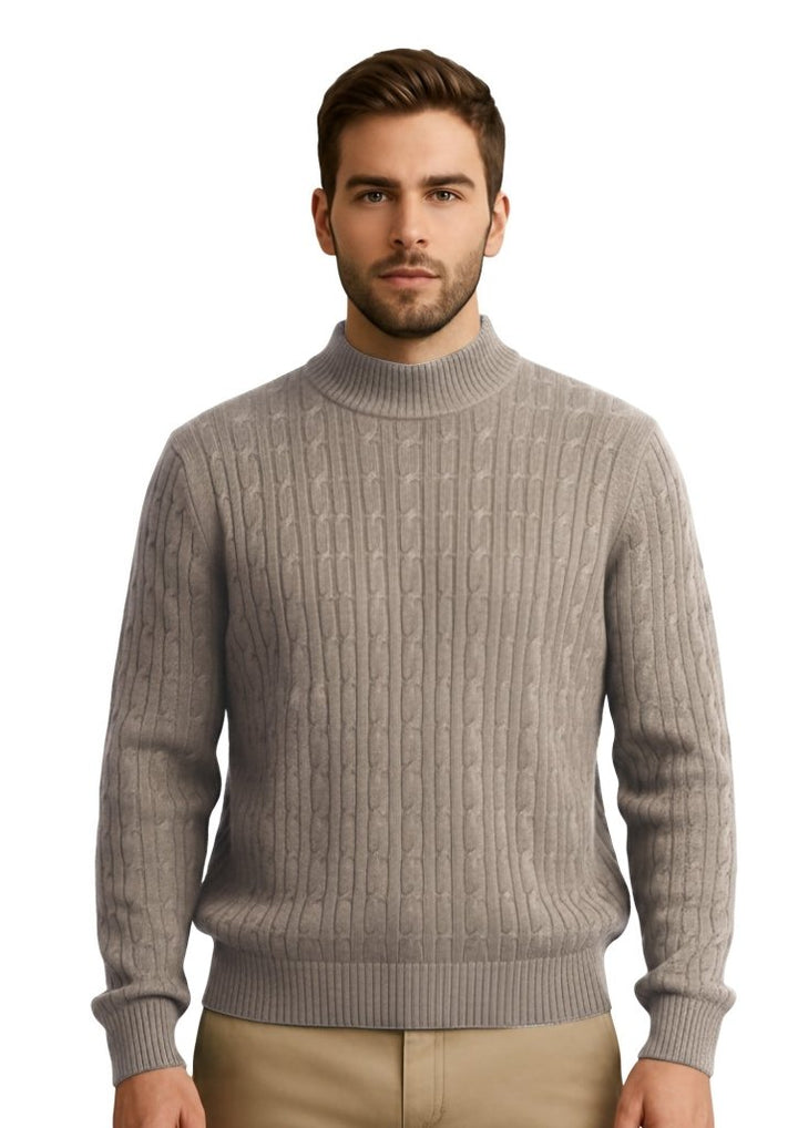 Cashmere Polo Club Beckham Men’s Mock Neck Pullover Allover Cable Knit Eco Stone - 100% Cashmere - Fragrance London