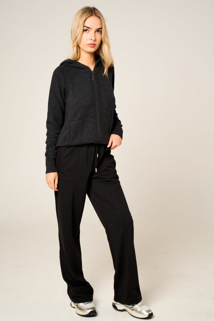 Cashmere Polo Club Claire Ladies Hooded Full Zip Cardigan with Aran Knit Front Charcoal - 100% Cashmere - Fragrance London