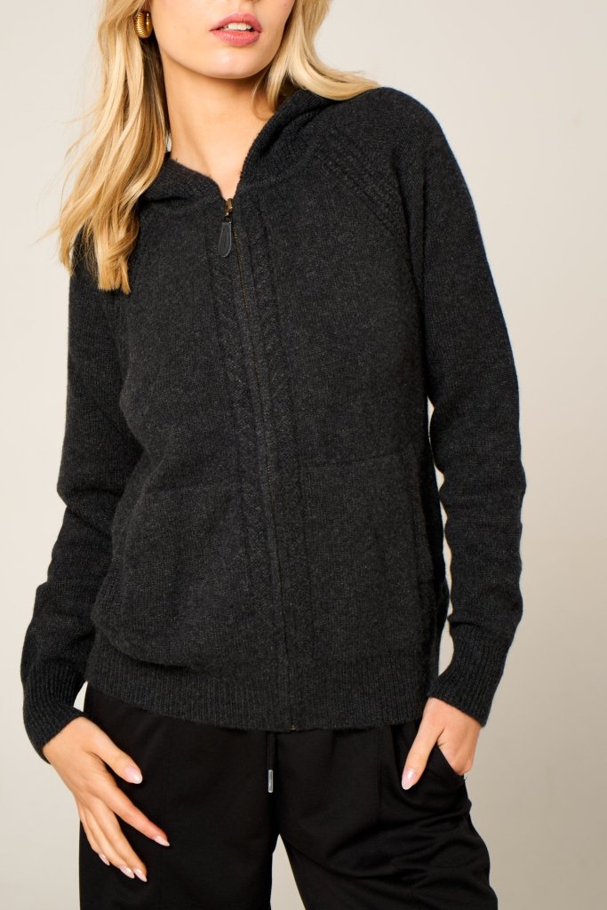 Cashmere Polo Club Claire Ladies Hooded Full Zip Cardigan with Aran Knit Front Charcoal - 100% Cashmere - Fragrance London