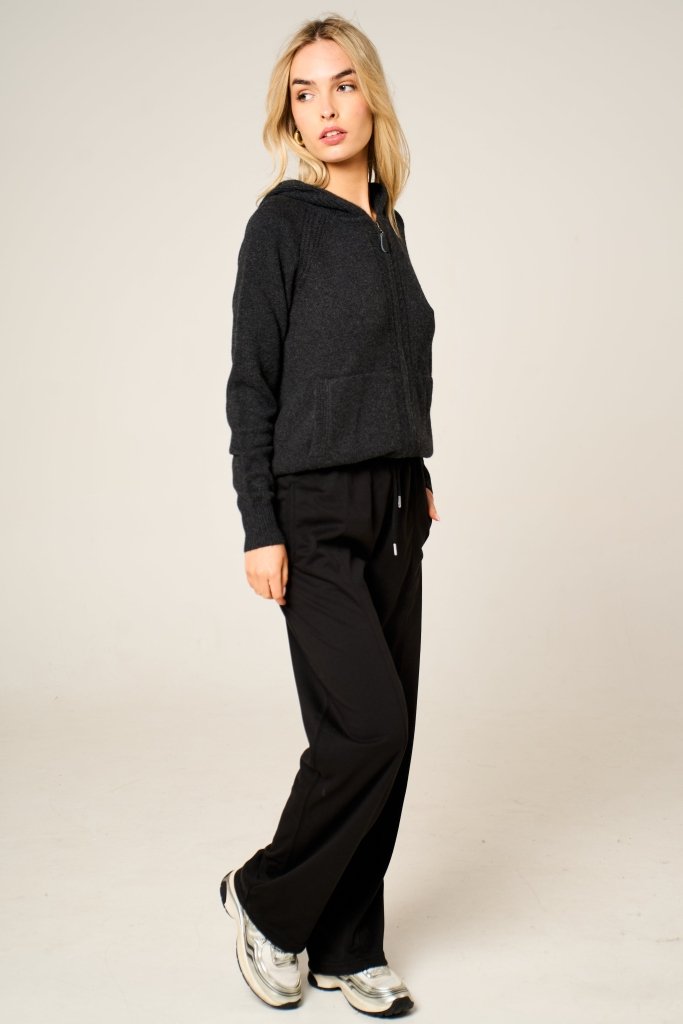 Cashmere Polo Club Claire Ladies Hooded Full Zip Cardigan with Aran Knit Front Charcoal - 100% Cashmere - Fragrance London