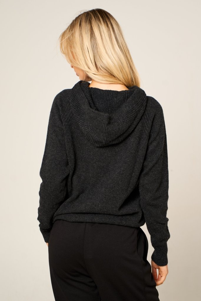 Cashmere Polo Club Claire Ladies Hooded Full Zip Cardigan with Aran Knit Front Charcoal - 100% Cashmere - Fragrance London