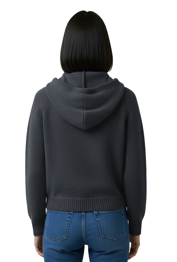 Cashmere Polo Club Claire Ladies Hooded Full Zip Cardigan with Aran Knit Front Charcoal - 100% Cashmere - Fragrance London