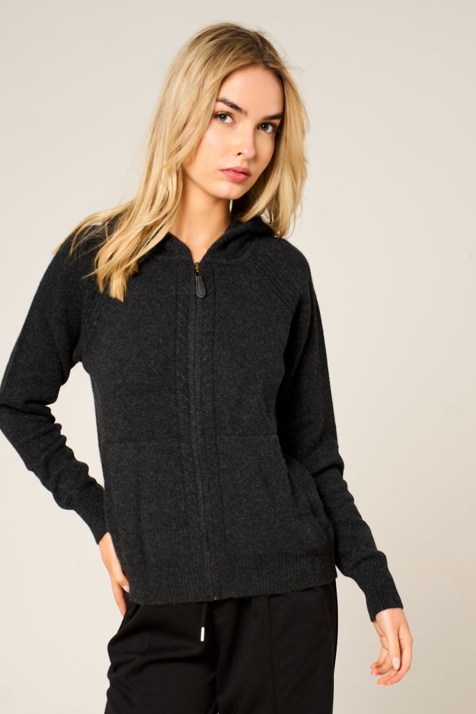 Cashmere Polo Club Claire Ladies Hooded Full Zip Cardigan with Aran Knit Front Charcoal - 100% Cashmere - Fragrance London