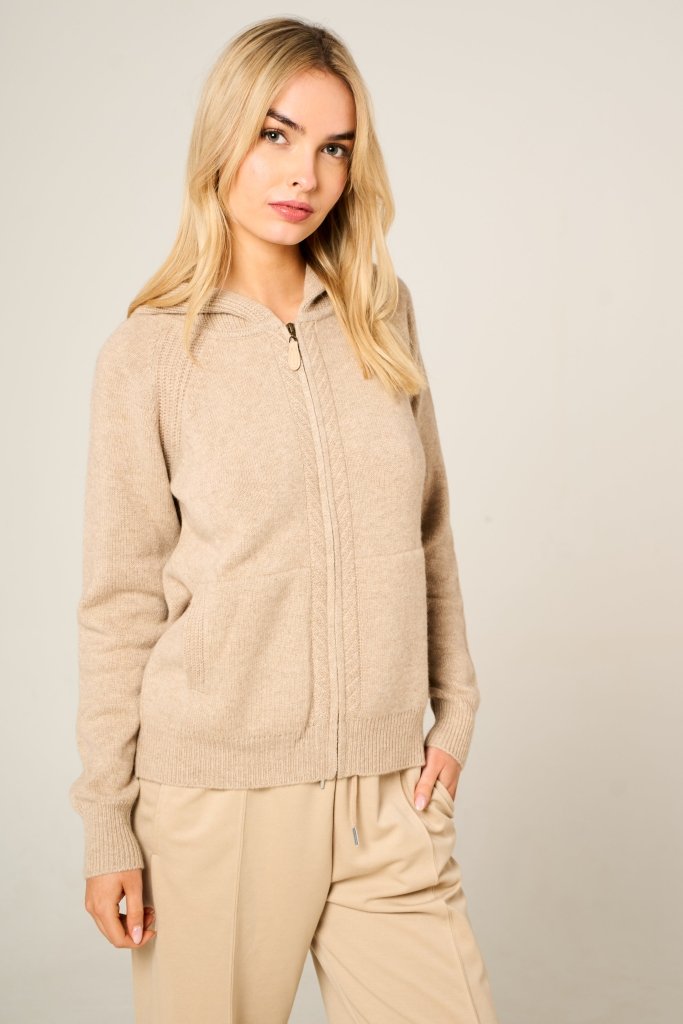 Cashmere Polo Club Claire Ladies Hooded Full Zip Cardigan with Aran Knit Front Eco Stone - 100% Cashmere - Fragrance London