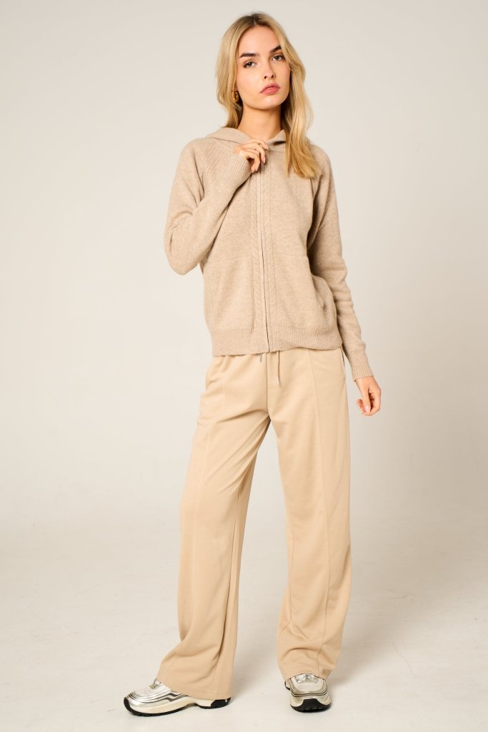 Cashmere Polo Club Claire Ladies Hooded Full Zip Cardigan with Aran Knit Front Eco Stone - 100% Cashmere - Fragrance London