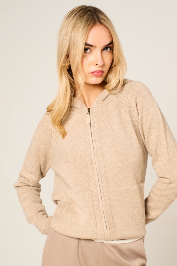 Cashmere Polo Club Claire Ladies Hooded Full Zip Cardigan with Aran Knit Front Eco Stone - 100% Cashmere - Fragrance London