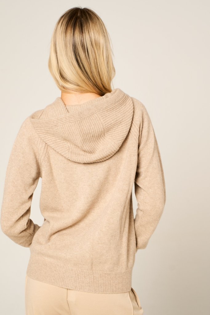 Cashmere Polo Club Claire Ladies Hooded Full Zip Cardigan with Aran Knit Front Eco Stone - 100% Cashmere - Fragrance London