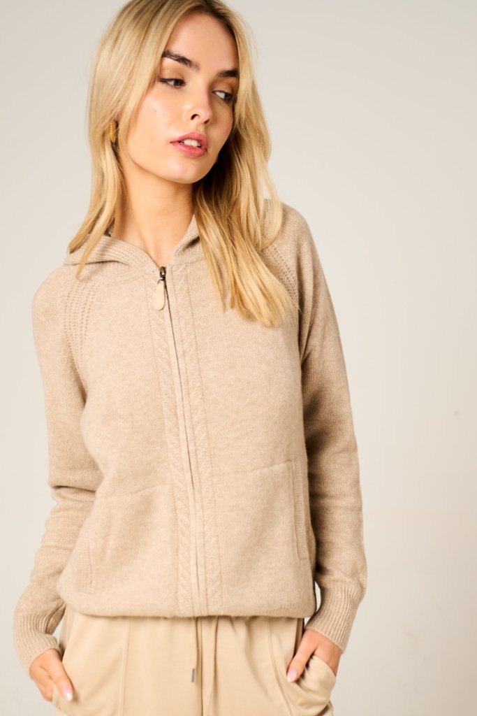 Cashmere Polo Club Claire Ladies Hooded Full Zip Cardigan with Aran Knit Front Eco Stone - 100% Cashmere - Fragrance London