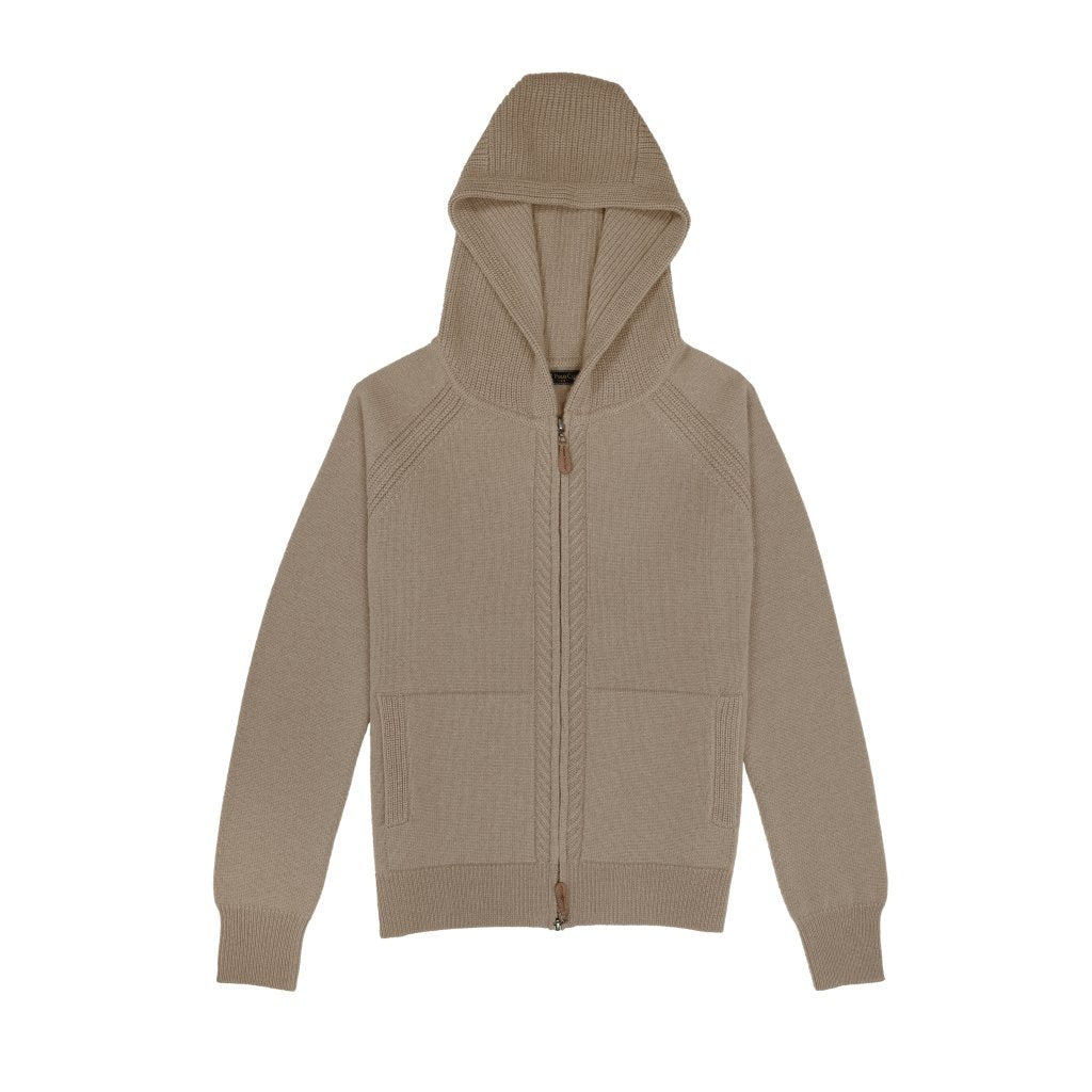 Cashmere Polo Club Claire Ladies Hooded Full Zip Cardigan with Aran Knit Front Eco Stone - 100% Cashmere - Fragrance London