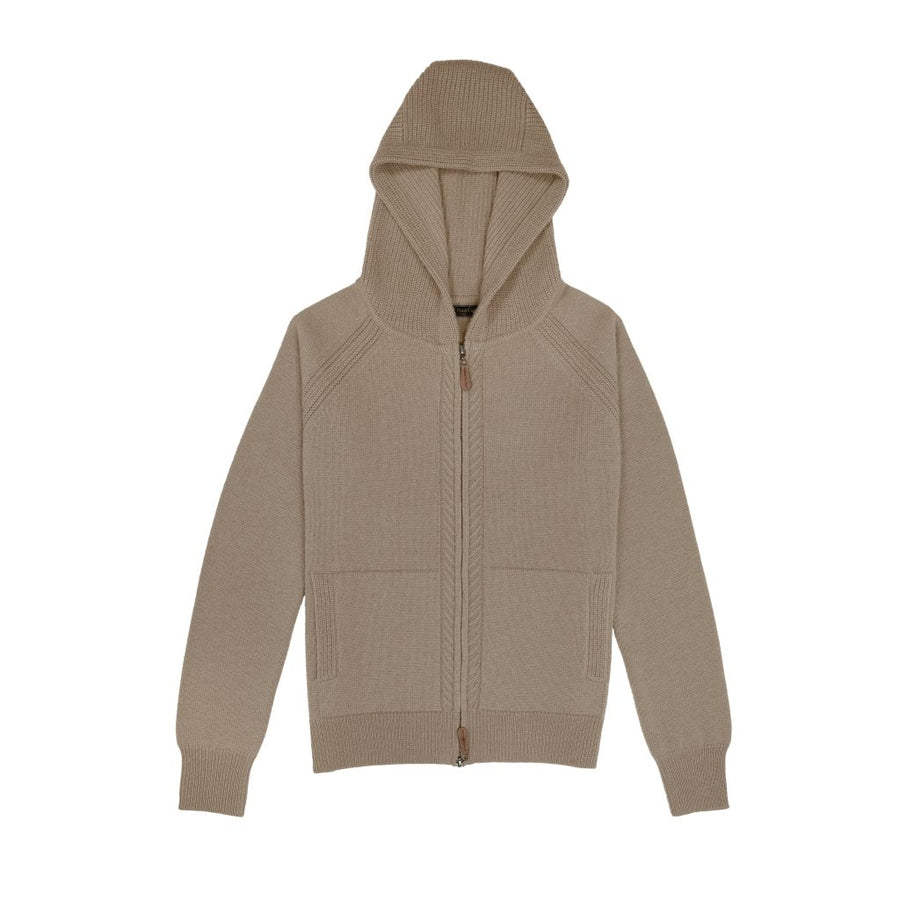 Cashmere Polo Club Claire Ladies Hooded Full Zip Cardigan with Aran Knit Front Eco Stone - 100% Cashmere - Fragrance London