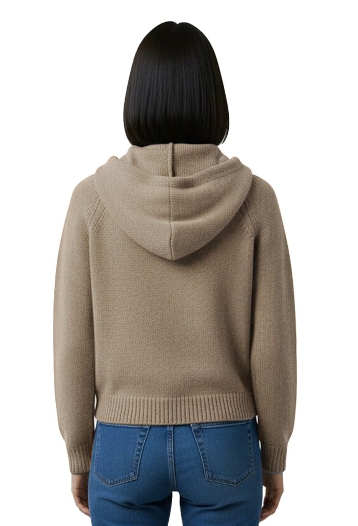 Cashmere Polo Club Claire Ladies Hooded Full Zip Cardigan with Aran Knit Front Eco Stone - 100% Cashmere - Fragrance London