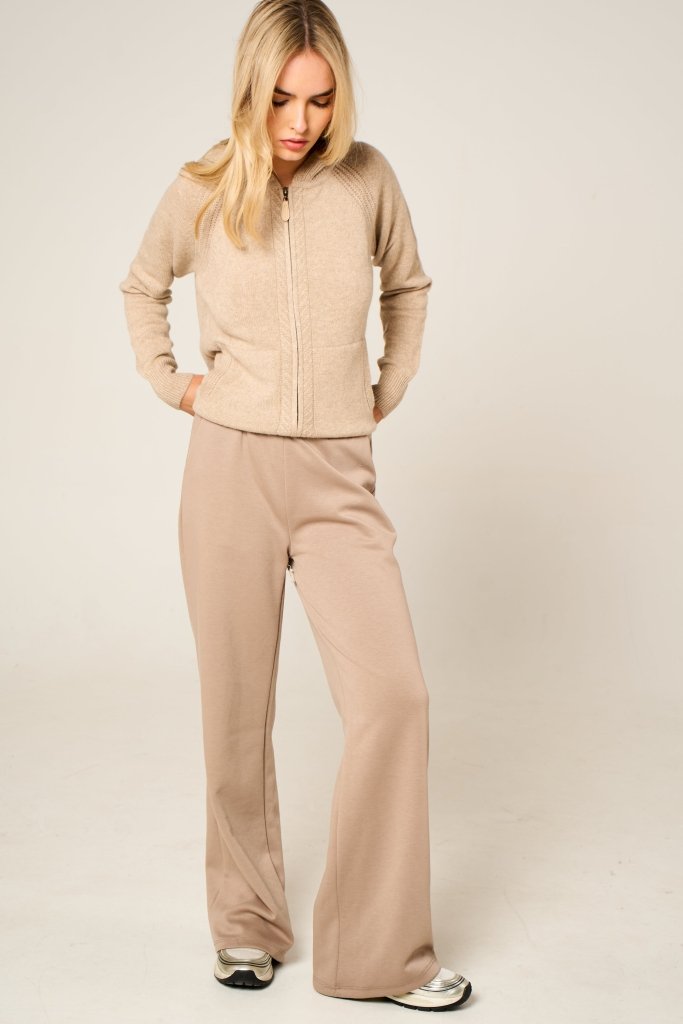 Cashmere Polo Club Claire Ladies Hooded Full Zip Cardigan with Aran Knit Front Eco Stone - 100% Cashmere - Fragrance London