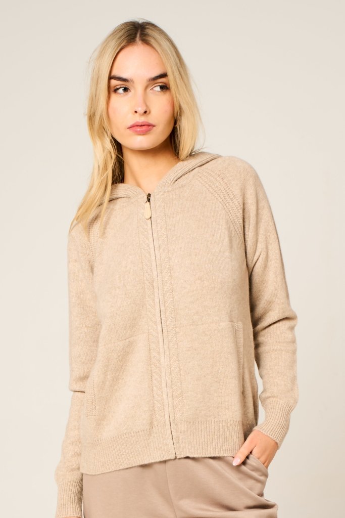 Cashmere Polo Club Claire Ladies Hooded Full Zip Cardigan with Aran Knit Front Eco Stone - 100% Cashmere - Fragrance London