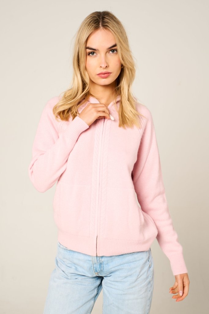 Cashmere Polo Club Claire Ladies Hooded Full Zip Cardigan with Aran Knit Front Pixie - 100% Cashmere - Fragrance London