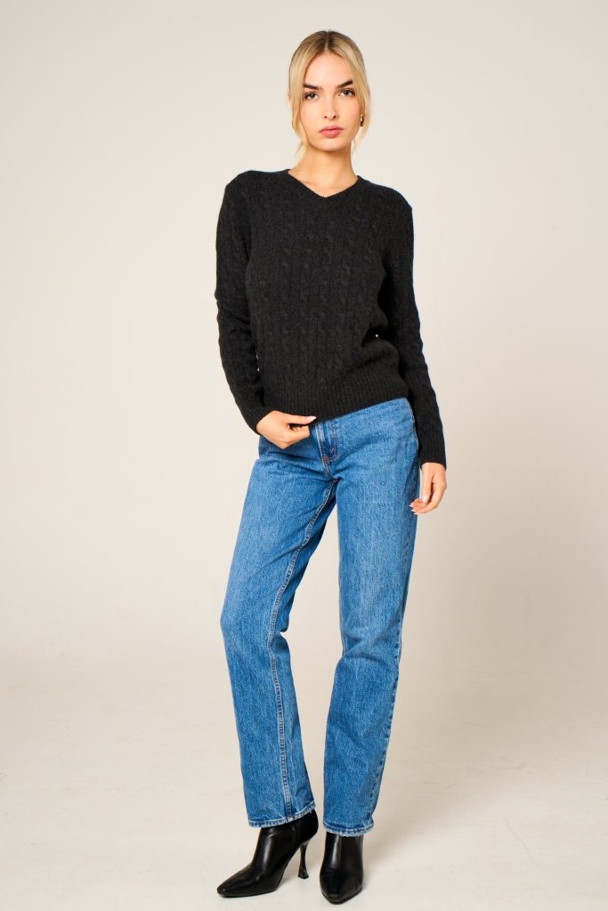Cashmere Polo Club Larisa Ladies V - Neck Pullover Allover Cable Knit Charcoal - 100% Cashmere - Fragrance London
