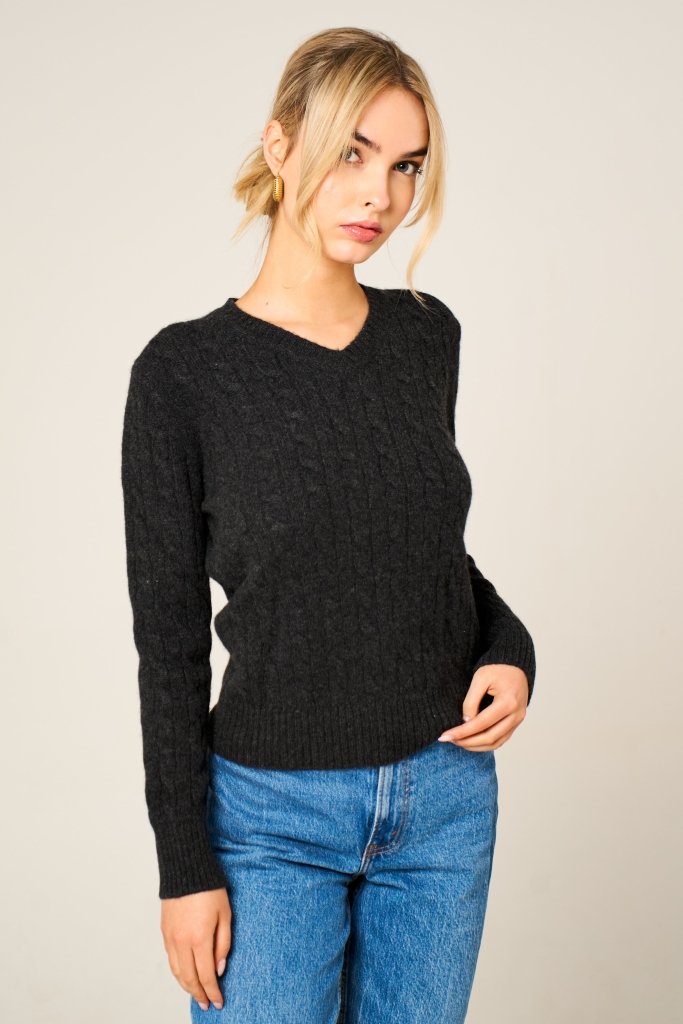 Cashmere Polo Club Larisa Ladies V - Neck Pullover Allover Cable Knit Charcoal - 100% Cashmere - Fragrance London