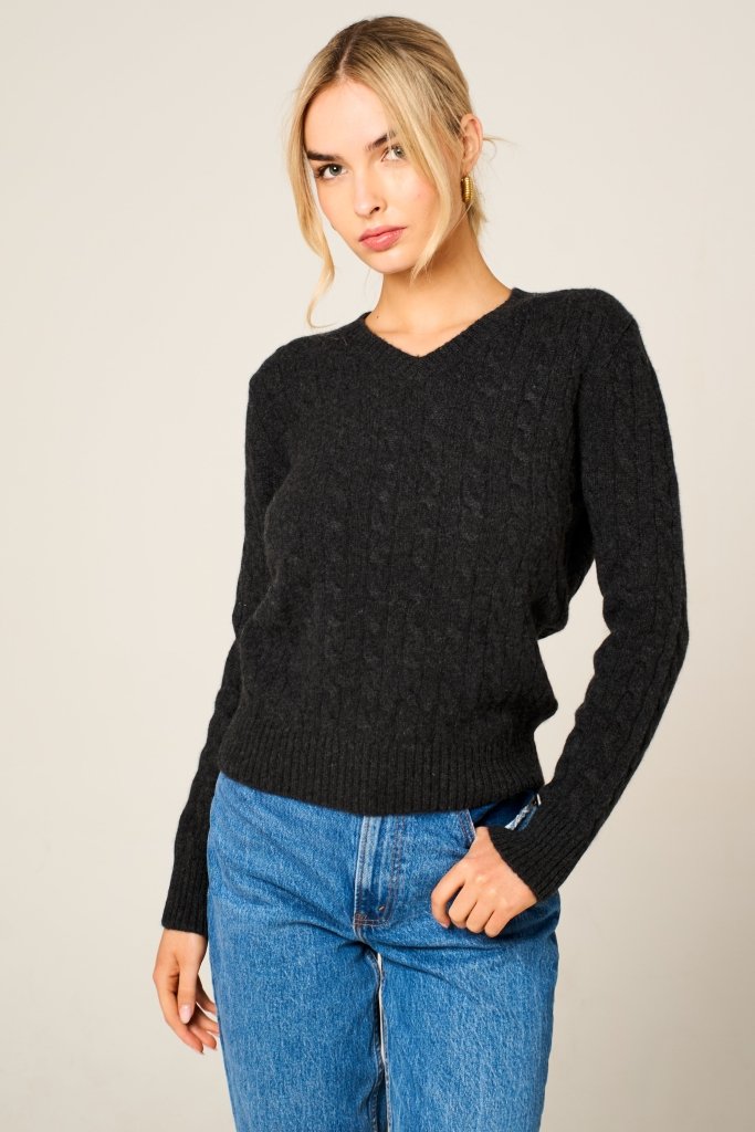 Cashmere Polo Club Larisa Ladies V - Neck Pullover Allover Cable Knit Charcoal - 100% Cashmere - Fragrance London
