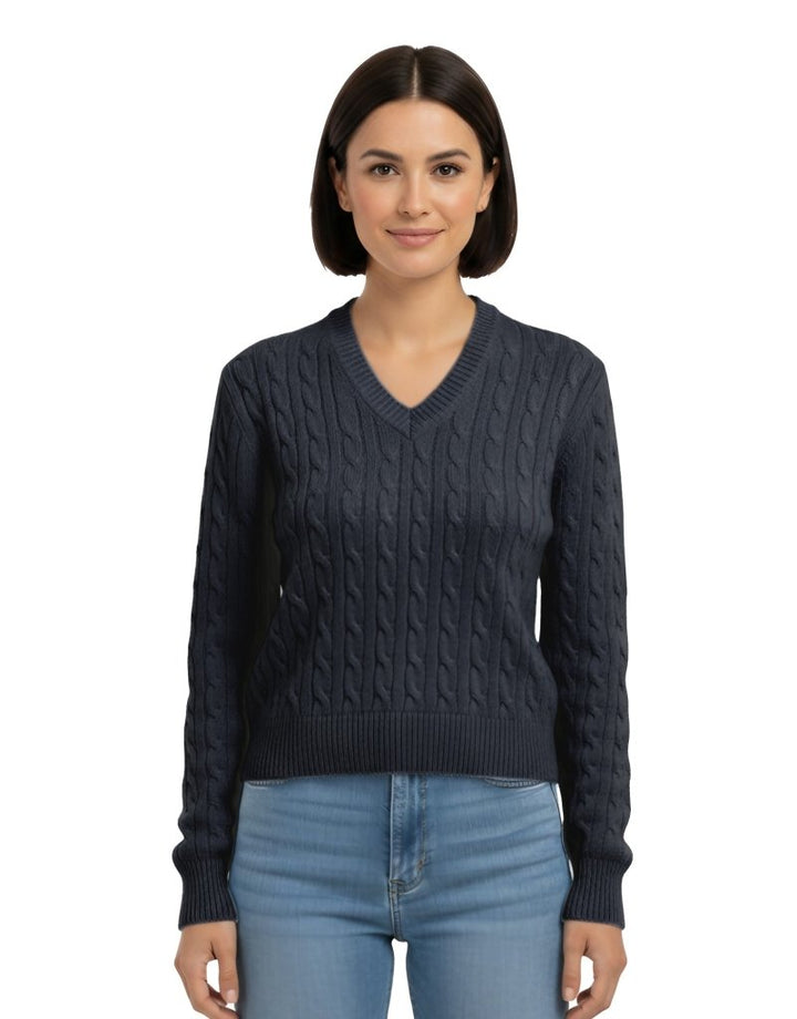 Cashmere Polo Club Larisa Ladies V - Neck Pullover Allover Cable Knit Charcoal - 100% Cashmere - Fragrance London
