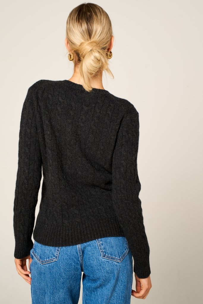 Cashmere Polo Club Larisa Ladies V - Neck Pullover Allover Cable Knit Charcoal - 100% Cashmere - Fragrance London