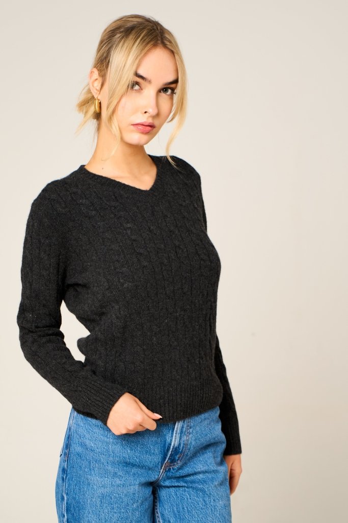 Cashmere Polo Club Larisa Ladies V - Neck Pullover Allover Cable Knit Charcoal - 100% Cashmere - Fragrance London